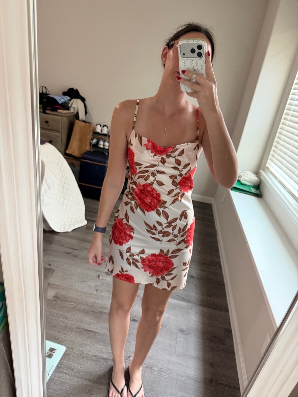 Floral Slip Dress with Red Rose Print